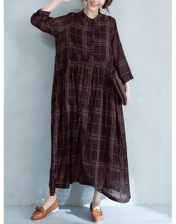 Women Casual Long Sleeve Adjustable Buttons Down Plaid Dress