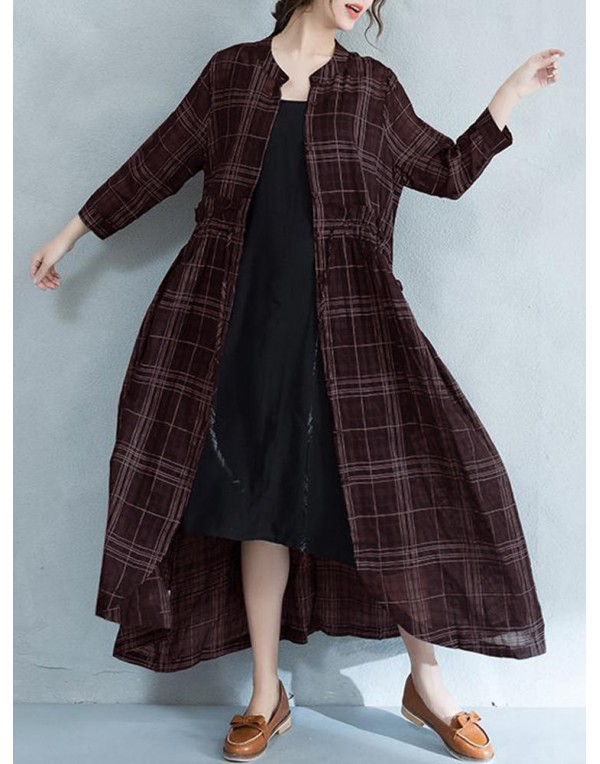 Women Casual Long Sleeve Adjustable Buttons Down Plaid Dress