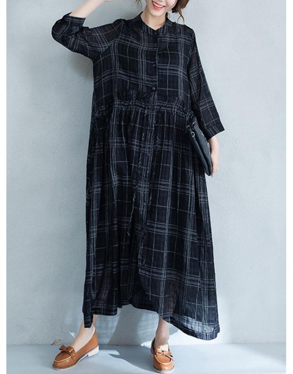 Women Casual Long Sleeve Adjustable Buttons Down Plaid Dress