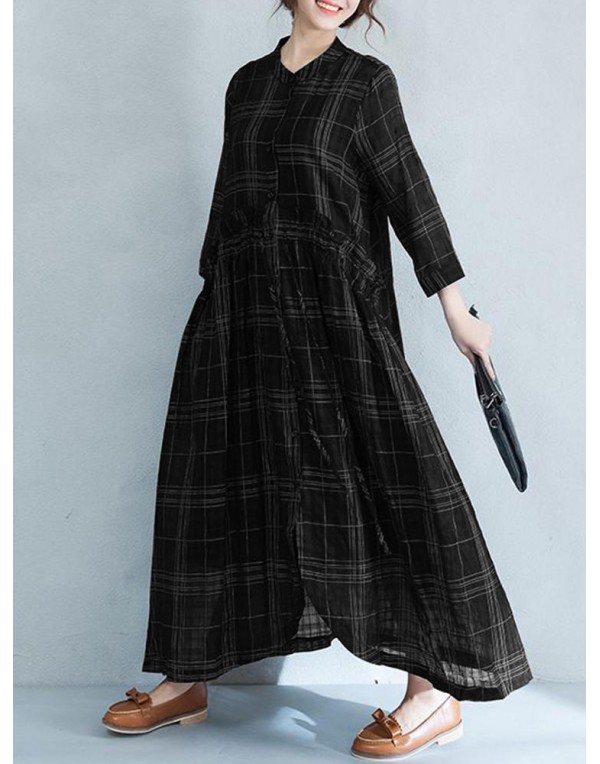 Women Casual Long Sleeve Adjustable Buttons Down Plaid Dress