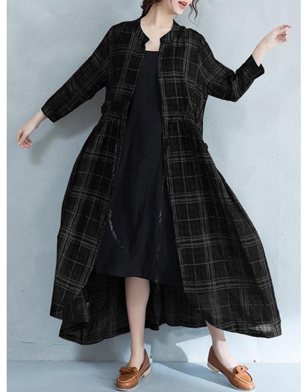 Women Casual Long Sleeve Adjustable Buttons Down Plaid Dress