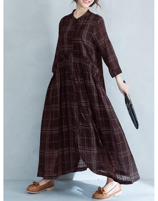 Women Casual Long Sleeve Adjustable Buttons Down Plaid Dress