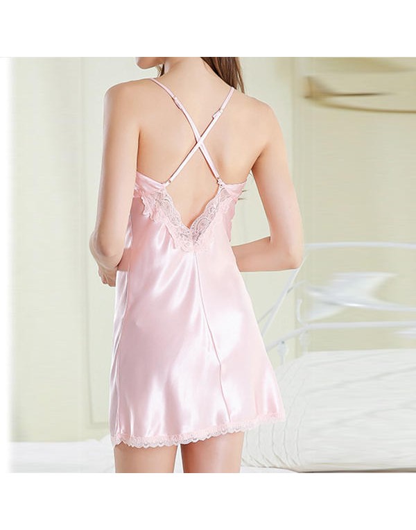 Comfort Silk Lace Trim Sexy Sling Nightdress Ladies Backless Sleepwear