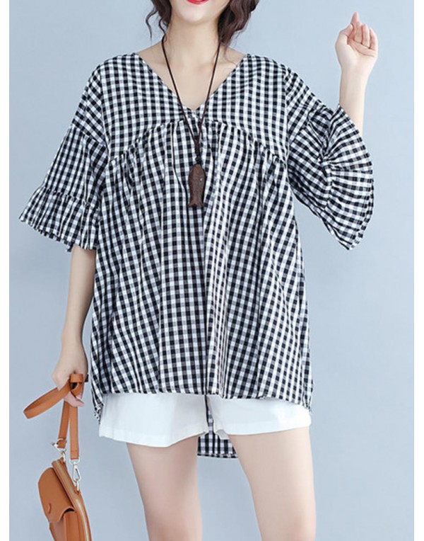 Casual Women Half Sleeve V-Neck Plaid Irregular He...