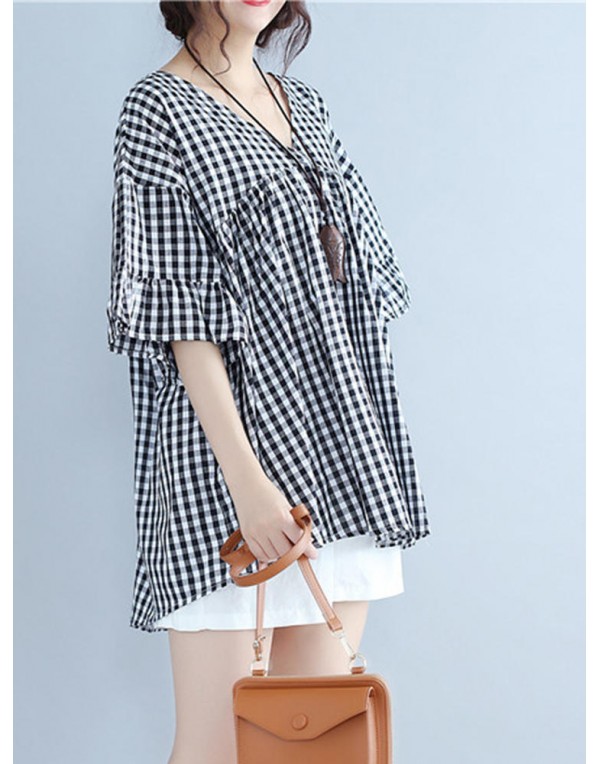 Casual Women Half Sleeve V-Neck Plaid Irregular Hem Blouse