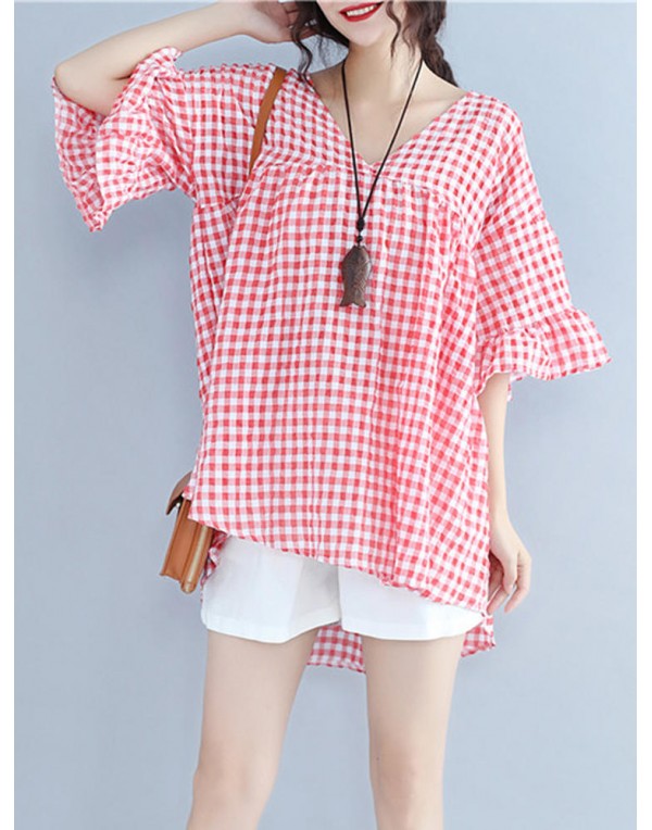 Casual Women Half Sleeve V-Neck Plaid Irregular Hem Blouse