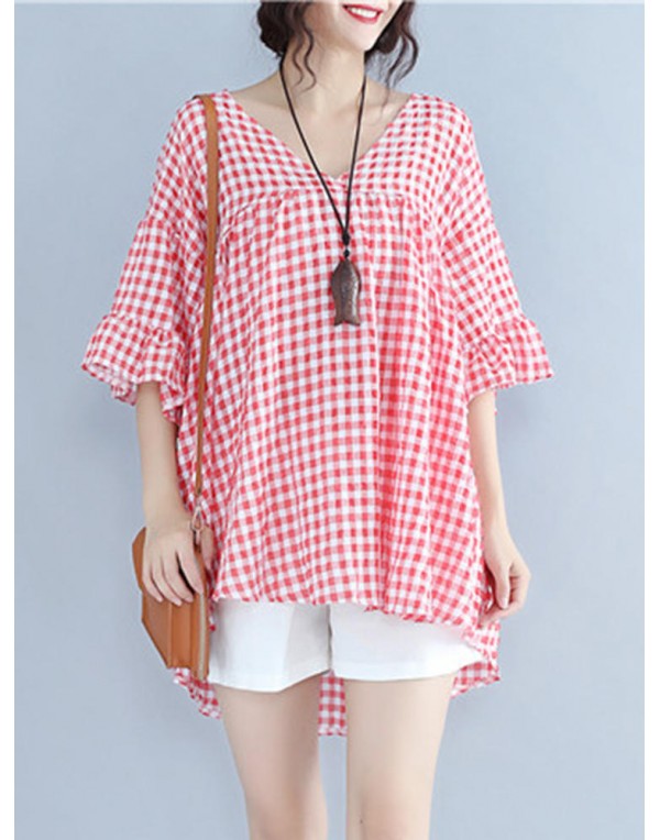 Casual Women Half Sleeve V-Neck Plaid Irregular Hem Blouse