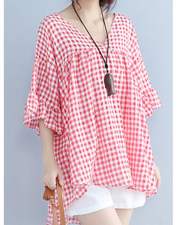 Casual Women Half Sleeve V-Neck Plaid Irregular Hem Blouse