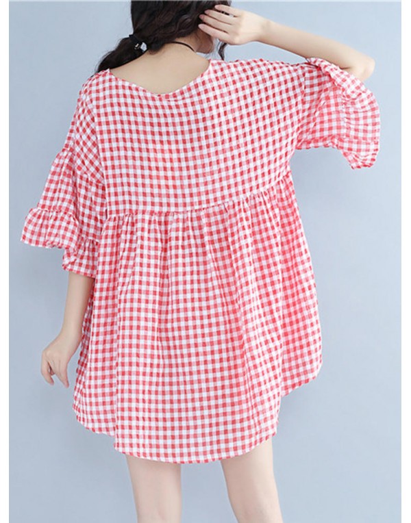 Casual Women Half Sleeve V-Neck Plaid Irregular Hem Blouse