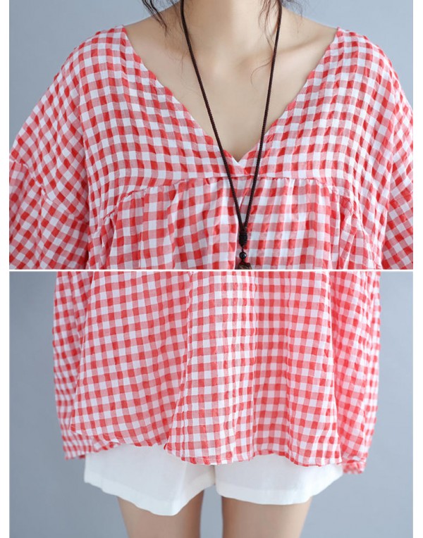 Casual Women Half Sleeve V-Neck Plaid Irregular Hem Blouse