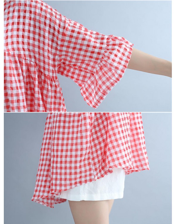 Casual Women Half Sleeve V-Neck Plaid Irregular Hem Blouse