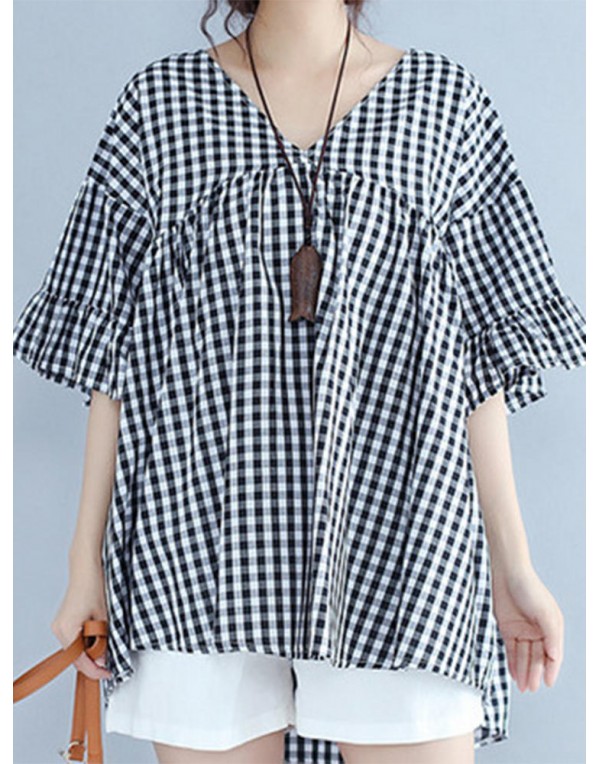 Casual Women Half Sleeve V-Neck Plaid Irregular Hem Blouse