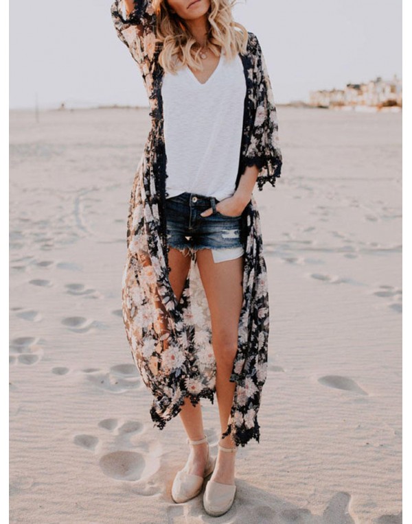 Casual Women Printed Tassel Batwing Sleeve Cardiga...