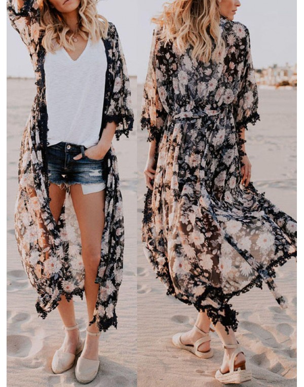 Casual Women Printed Tassel Batwing Sleeve Cardigans