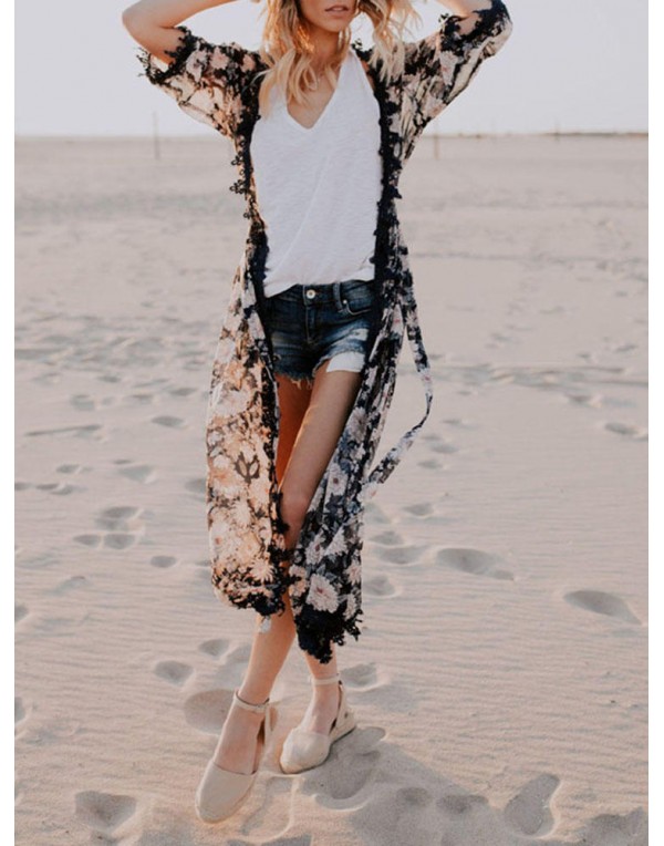 Casual Women Printed Tassel Batwing Sleeve Cardigans