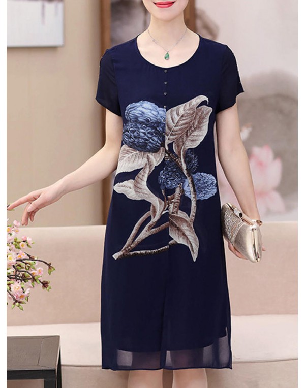 Elegant Women Floral Print O-neck Chiffon Dress