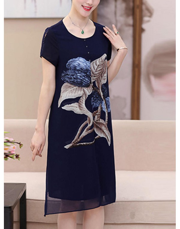 Elegant Women Floral Print O-neck Chiffon Dress