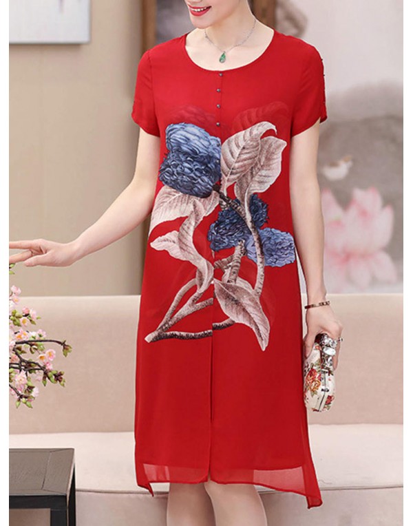 Elegant Women Floral Print O-neck Chiffon Dress