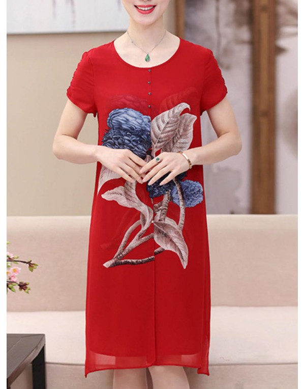 Elegant Women Floral Print O-neck Chiffon Dress