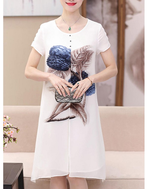 Elegant Women Floral Print O-neck Chiffon Dress