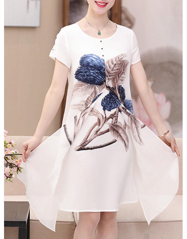 Elegant Women Floral Print O-neck Chiffon Dress