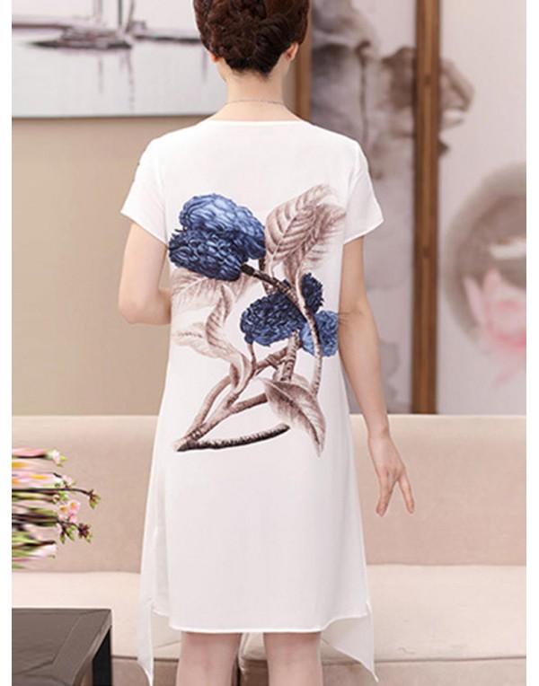 Elegant Women Floral Print O-neck Chiffon Dress