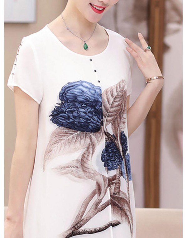 Elegant Women Floral Print O-neck Chiffon Dress