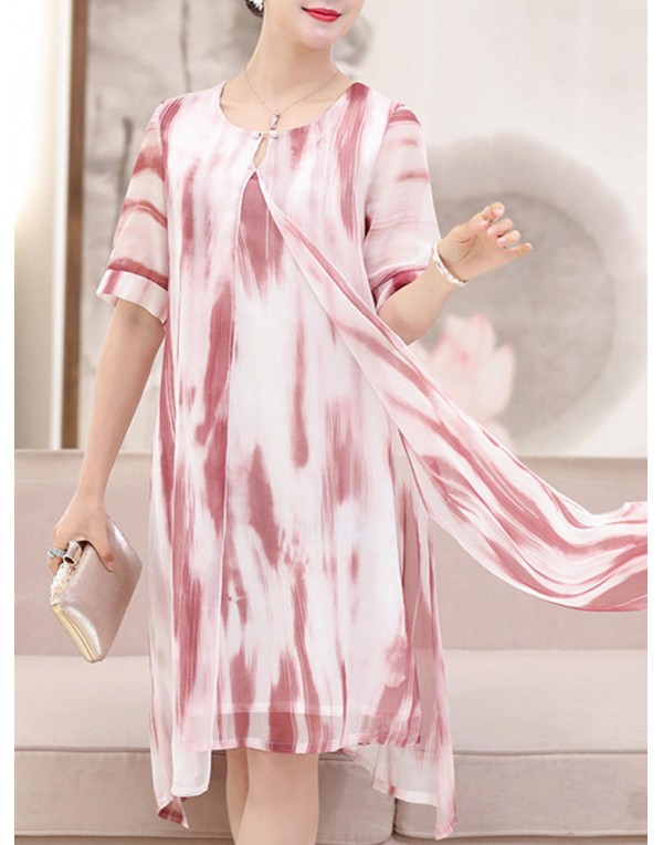 Elegant Women Fake Two Pieces Painted Chiffon Dress