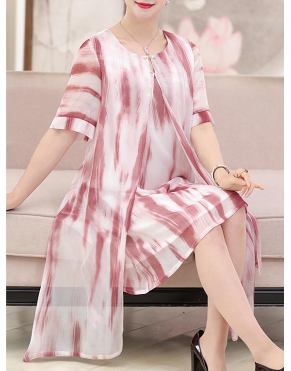 Elegant Women Fake Two Pieces Painted Chiffon Dress