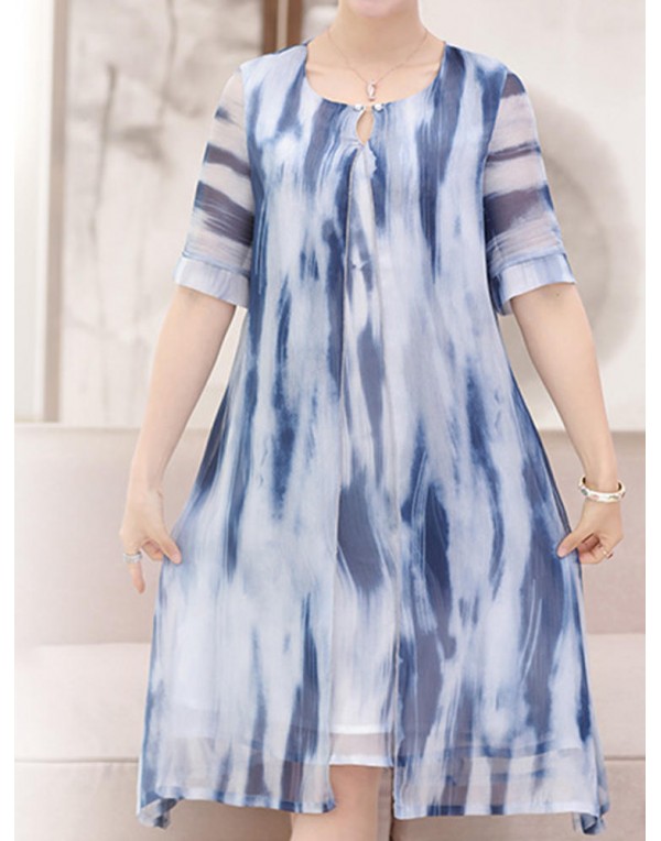 Elegant Women Fake Two Pieces Painted Chiffon Dress