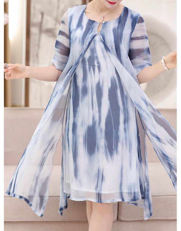 Elegant Women Fake Two Pieces Painted Chiffon Dress