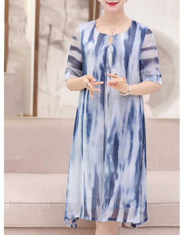 Elegant Women Fake Two Pieces Painted Chiffon Dress