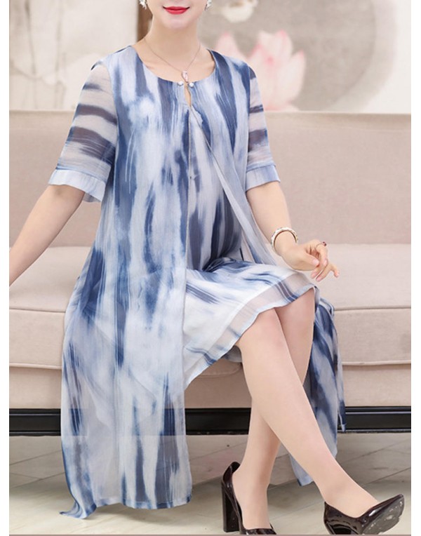 Elegant Women Fake Two Pieces Painted Chiffon Dress