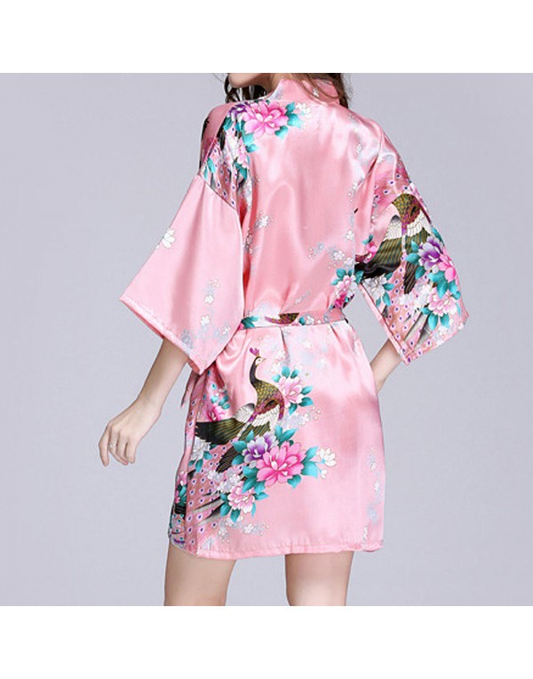 Silk Peacock Middle Sleeve Pajamas Waist Straps Se...