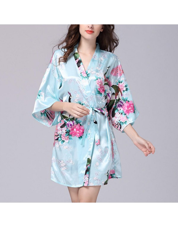 Silk Peacock Middle Sleeve Pajamas Waist Straps Sexy Bathrobes Women Sleepwear