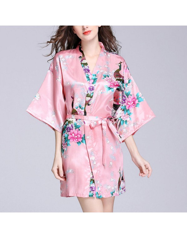 Silk Peacock Middle Sleeve Pajamas Waist Straps Sexy Bathrobes Women Sleepwear