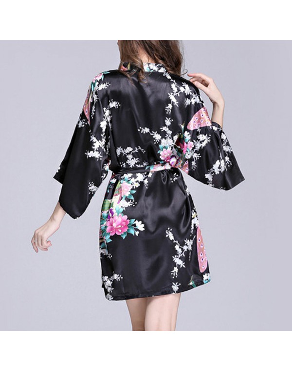 Silk Peacock Middle Sleeve Pajamas Waist Straps Sexy Bathrobes Women Sleepwear