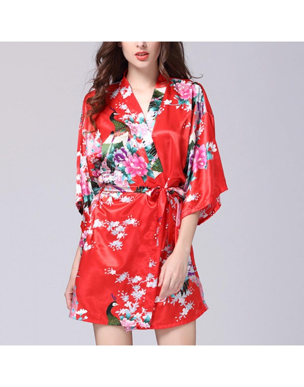 Silk Peacock Middle Sleeve Pajamas Waist Straps Sexy Bathrobes Women Sleepwear