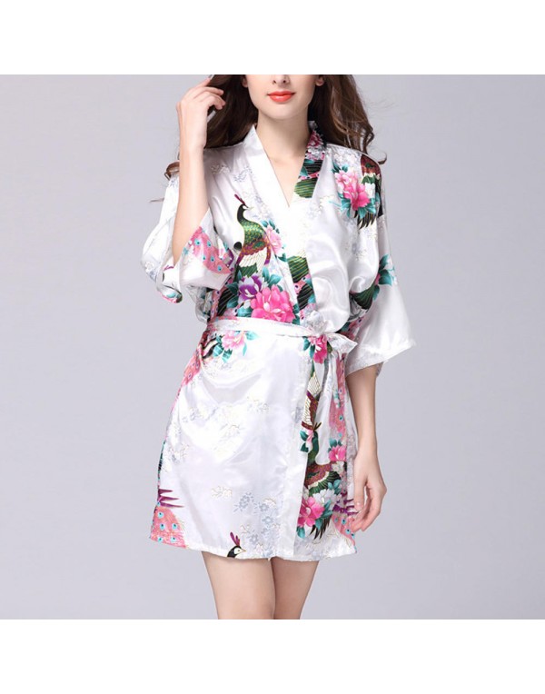 Silk Peacock Middle Sleeve Pajamas Waist Straps Sexy Bathrobes Women Sleepwear