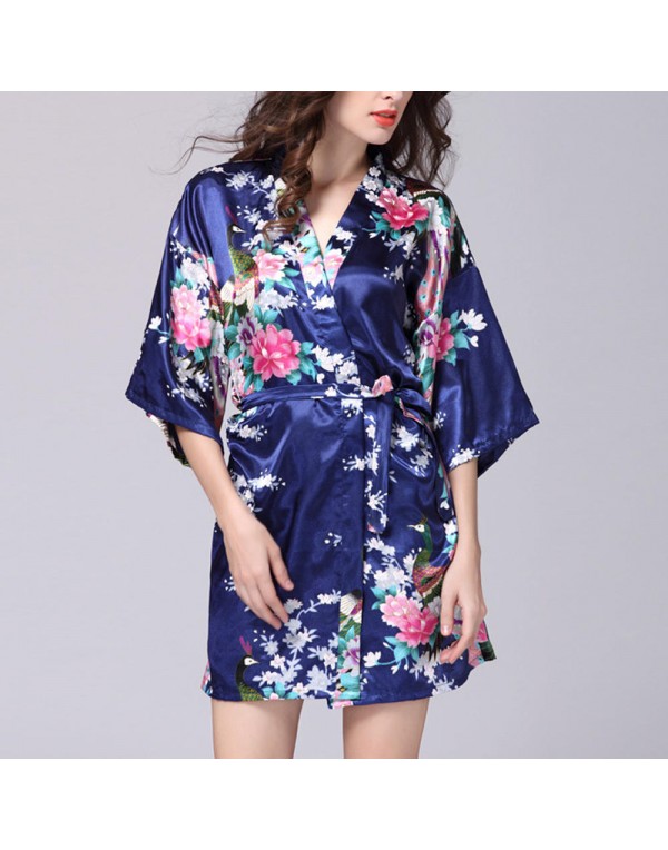 Silk Peacock Middle Sleeve Pajamas Waist Straps Sexy Bathrobes Women Sleepwear