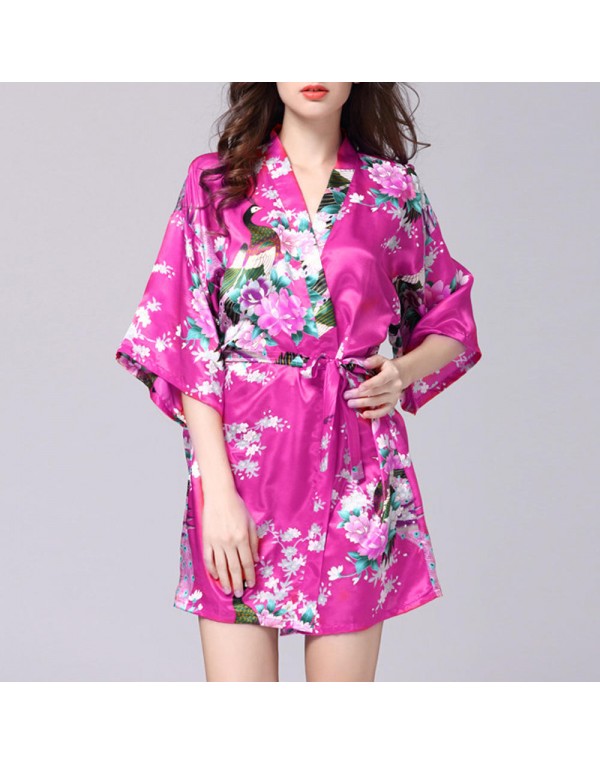 Silk Peacock Middle Sleeve Pajamas Waist Straps Sexy Bathrobes Women Sleepwear