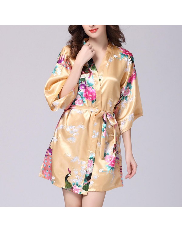 Silk Peacock Middle Sleeve Pajamas Waist Straps Sexy Bathrobes Women Sleepwear