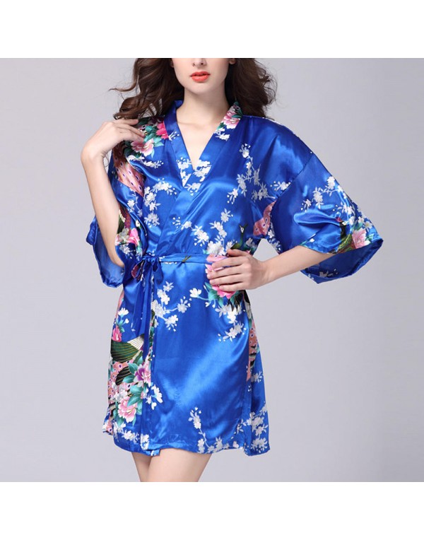 Silk Peacock Middle Sleeve Pajamas Waist Straps Sexy Bathrobes Women Sleepwear