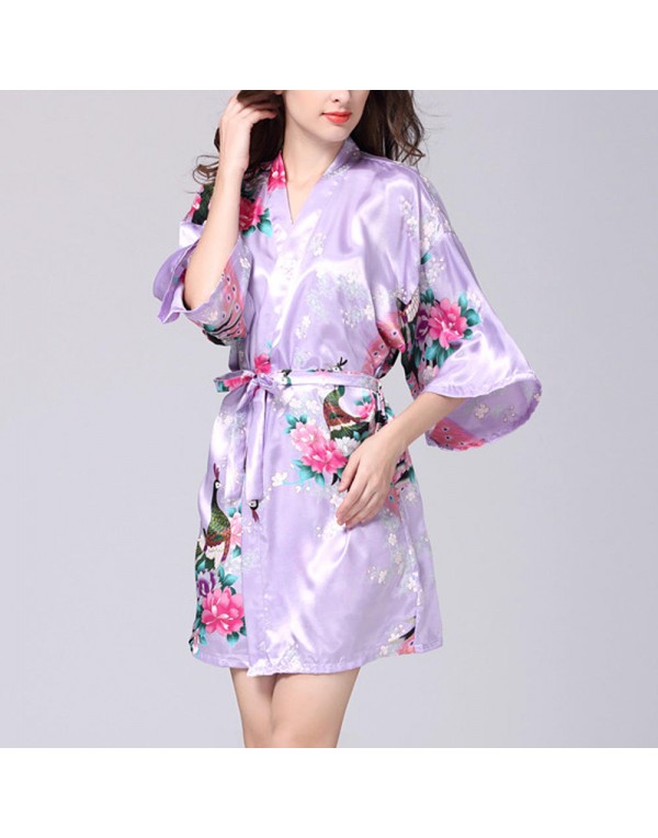 Silk Peacock Middle Sleeve Pajamas Waist Straps Sexy Bathrobes Women Sleepwear