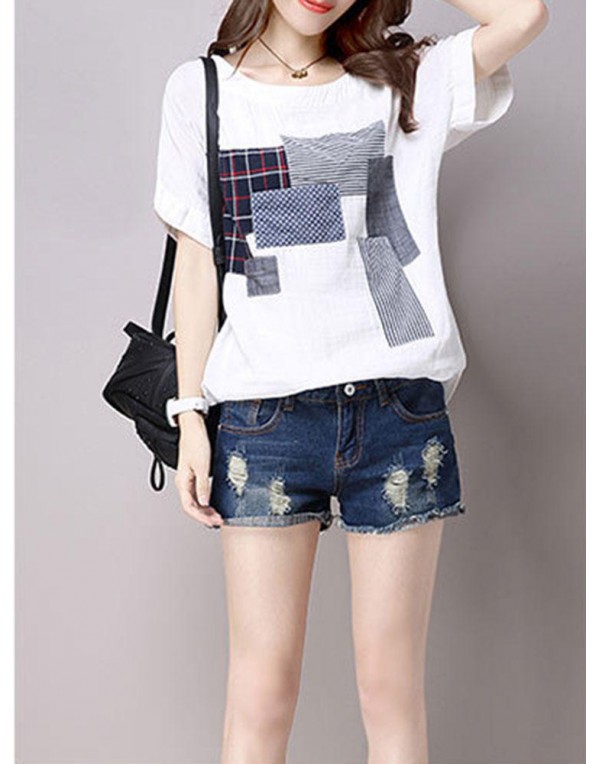 Casual Women Cotton Linen Short Sleeve O-Neck Tops