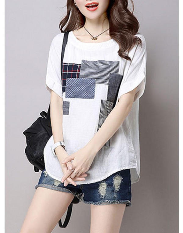 Casual Women Cotton Linen Short Sleeve O-Neck Tops