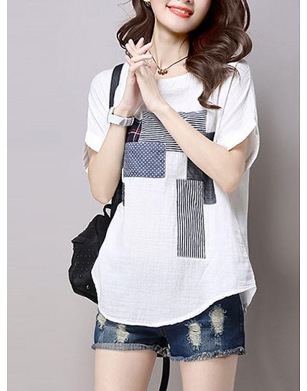 Casual Women Cotton Linen Short Sleeve O-Neck Tops