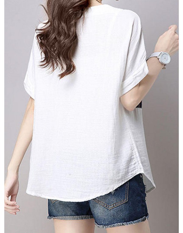 Casual Women Cotton Linen Short Sleeve O-Neck Tops