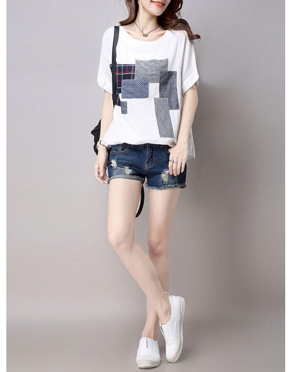 Casual Women Cotton Linen Short Sleeve O-Neck Tops