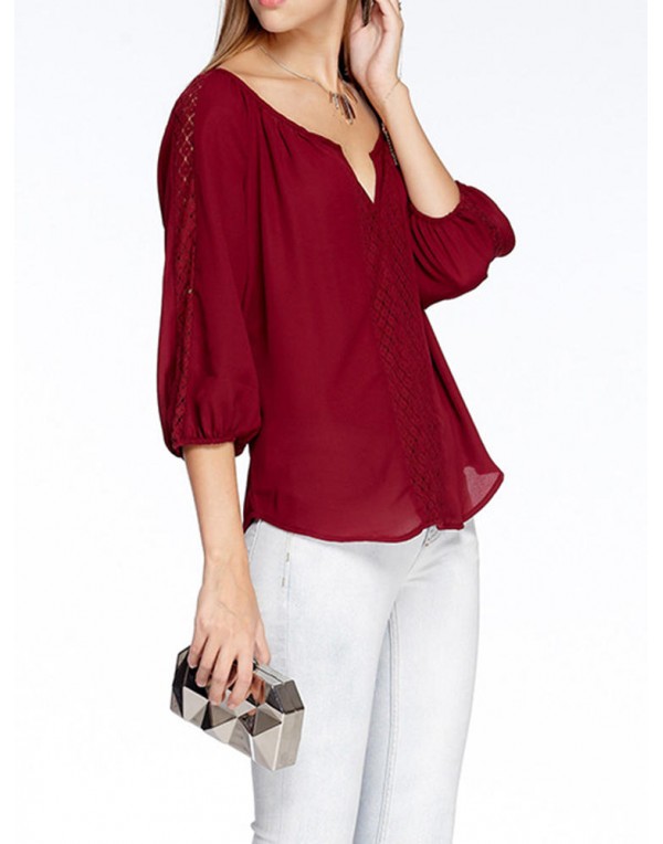 Casual Women Hollow 3/4 Sleeve V-Neck Blouse